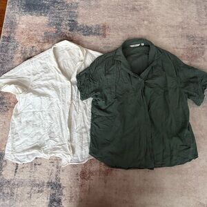 Uniqlo Dark Green and White Linen Blend Shirts